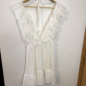 Storia White Ruffled V Bodice Sleeveless Tie Neck Dress